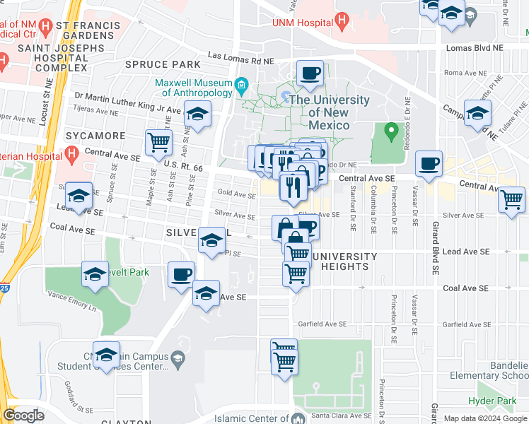 map of restaurants, bars, coffee shops, grocery stores, and more near 2105 Silver Avenue Southeast in Albuquerque