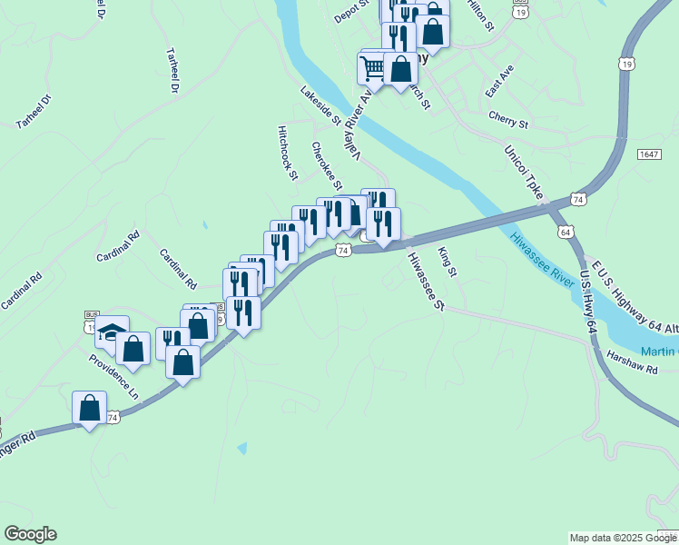 map of restaurants, bars, coffee shops, grocery stores, and more near 6 Skyline Drive in Murphy