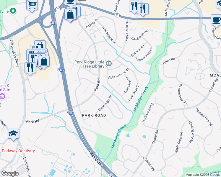 map of restaurants, bars, coffee shops, grocery stores, and more near 7740 Park Vista Circle in Charlotte