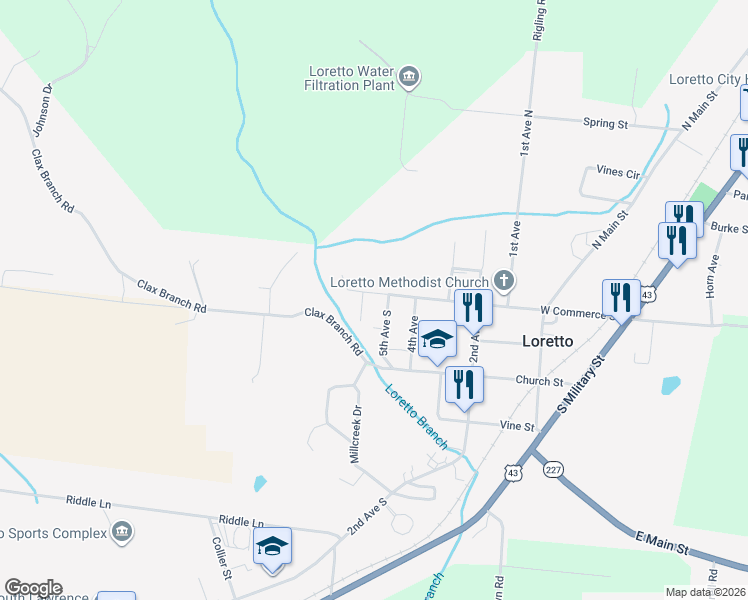 map of restaurants, bars, coffee shops, grocery stores, and more near 500 West Commerce Street in Loretto