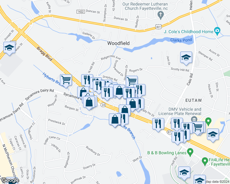 map of restaurants, bars, coffee shops, grocery stores, and more near 1915 King George Drive in Fayetteville
