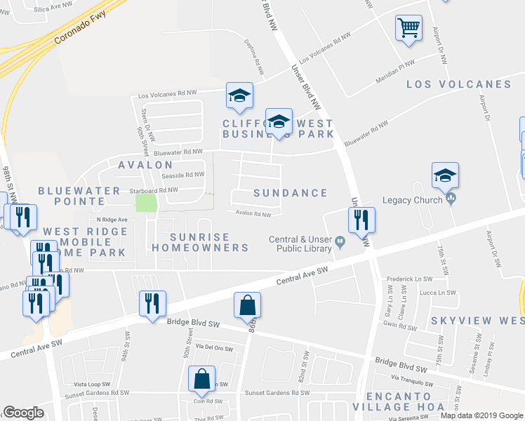 map of restaurants, bars, coffee shops, grocery stores, and more near 8700 Tradewind Road Northwest in Albuquerque