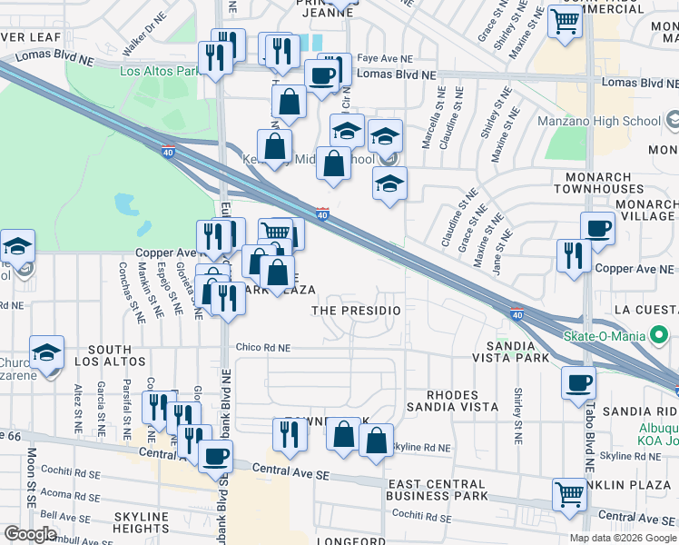 map of restaurants, bars, coffee shops, grocery stores, and more near 10500 Copper Avenue in Albuquerque