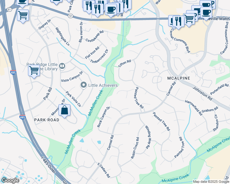 map of restaurants, bars, coffee shops, grocery stores, and more near 7630 Soaringfree Lane in Charlotte