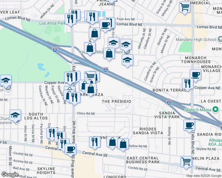 map of restaurants, bars, coffee shops, grocery stores, and more near 10500 Copper Avenue in Albuquerque