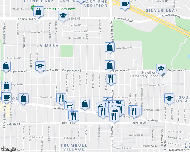 map of restaurants, bars, coffee shops, grocery stores, and more near 321 Vermont Street Northeast in Albuquerque