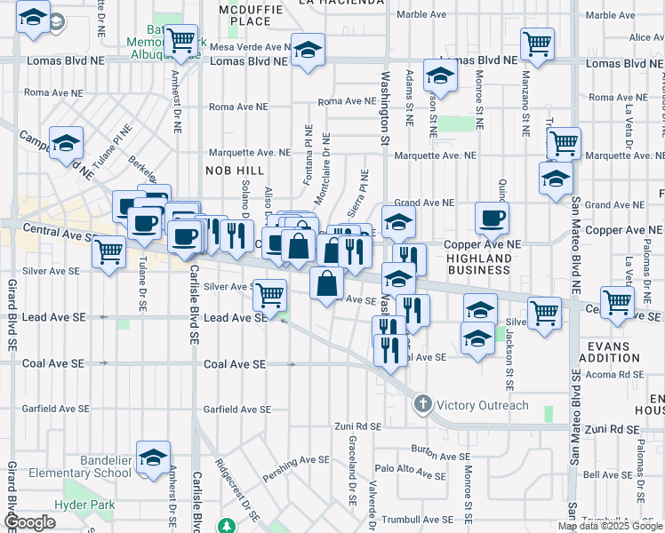 map of restaurants, bars, coffee shops, grocery stores, and more near 4201 Central Avenue Northeast in Albuquerque