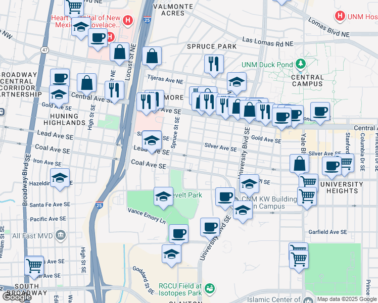 map of restaurants, bars, coffee shops, grocery stores, and more near 318 Sycamore Street Southeast in Albuquerque