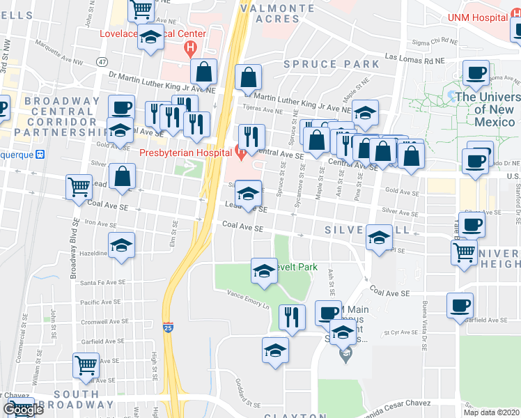 map of restaurants, bars, coffee shops, grocery stores, and more near 1212 Lead Avenue Southeast in Albuquerque