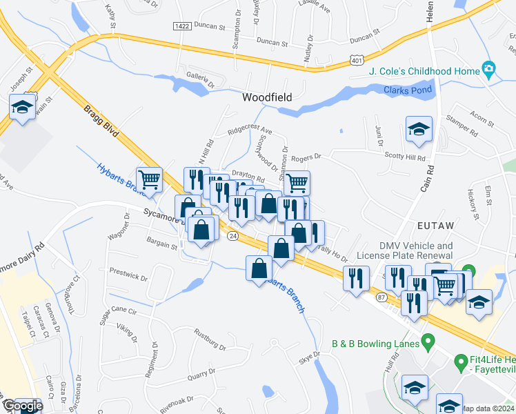 map of restaurants, bars, coffee shops, grocery stores, and more near 1 Bragg Boulevard in Fayetteville