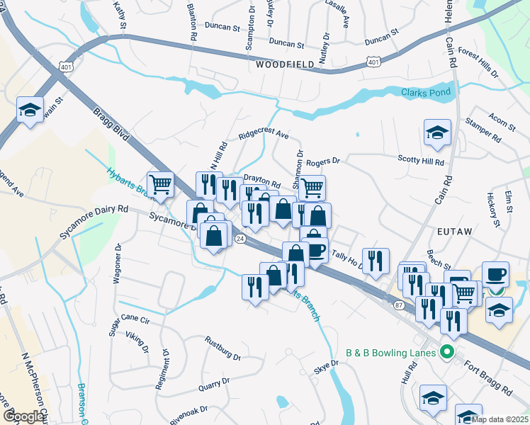 map of restaurants, bars, coffee shops, grocery stores, and more near 1 Bragg Boulevard in Fayetteville