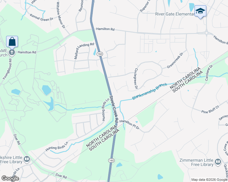 map of restaurants, bars, coffee shops, grocery stores, and more near 12206 Hunting Birds Lane in Charlotte