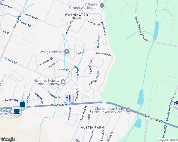 map of restaurants, bars, coffee shops, grocery stores, and more near 7712 Nautical Way in Chattanooga