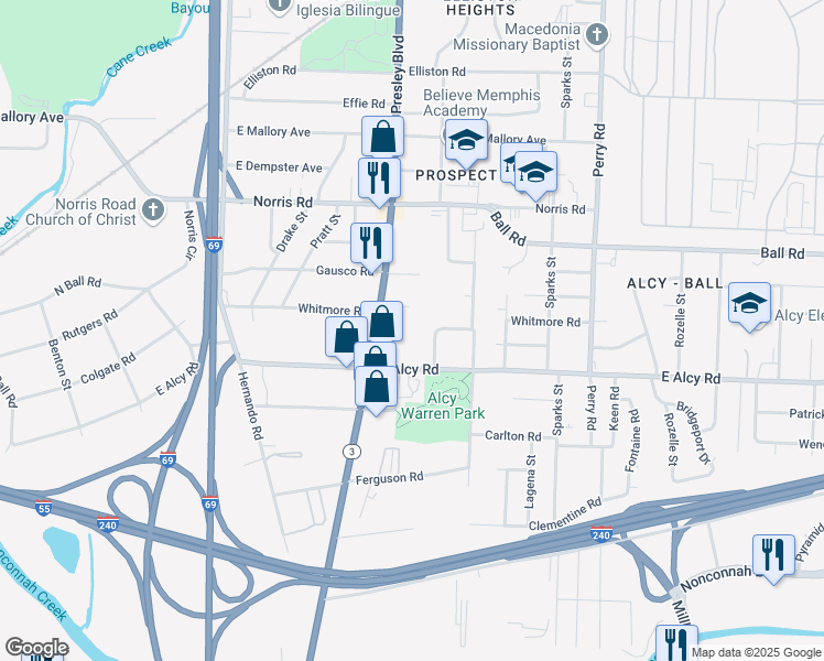 map of restaurants, bars, coffee shops, grocery stores, and more near 1360 East Alcy Road in Memphis