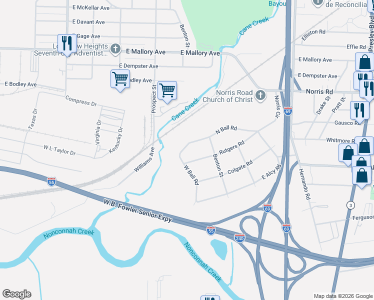 map of restaurants, bars, coffee shops, grocery stores, and more near 853 North Ball Road in Memphis