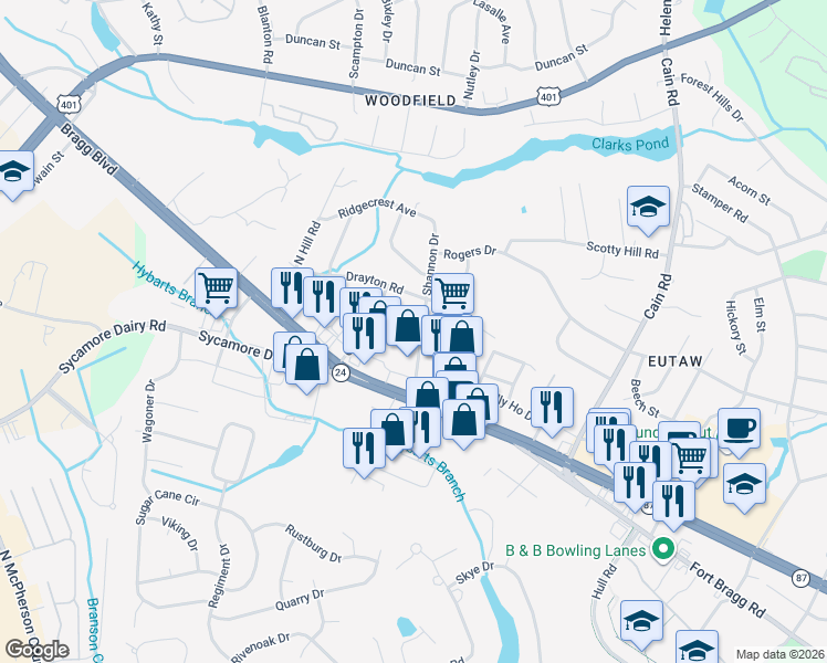 map of restaurants, bars, coffee shops, grocery stores, and more near 1916 King George Drive in Fayetteville