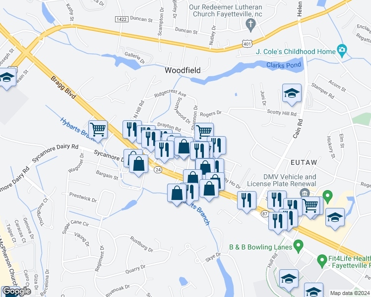 map of restaurants, bars, coffee shops, grocery stores, and more near 1921 King George Drive in Fayetteville