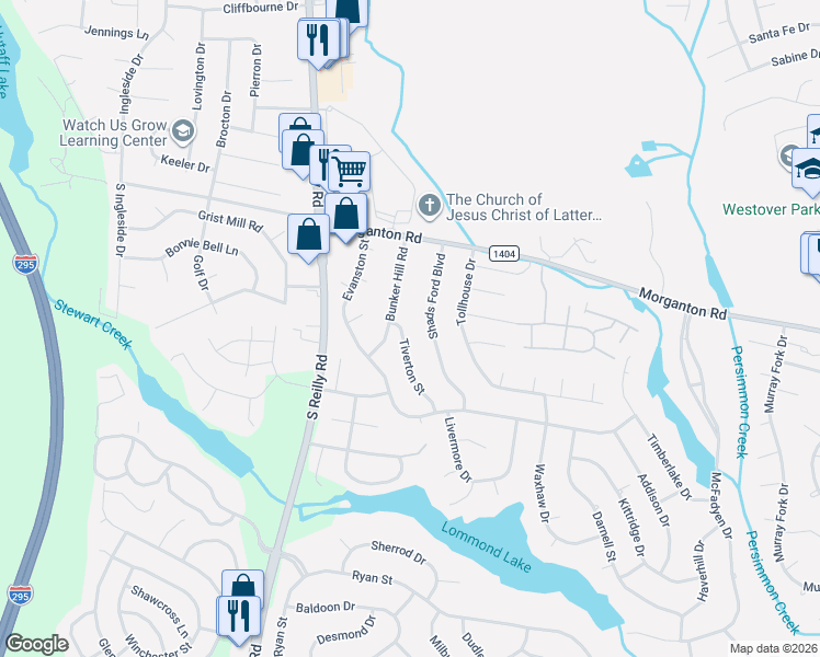 map of restaurants, bars, coffee shops, grocery stores, and more near 207 Tiverton Street in Fayetteville