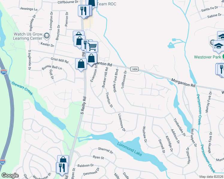 map of restaurants, bars, coffee shops, grocery stores, and more near 207 Tiverton Street in Fayetteville