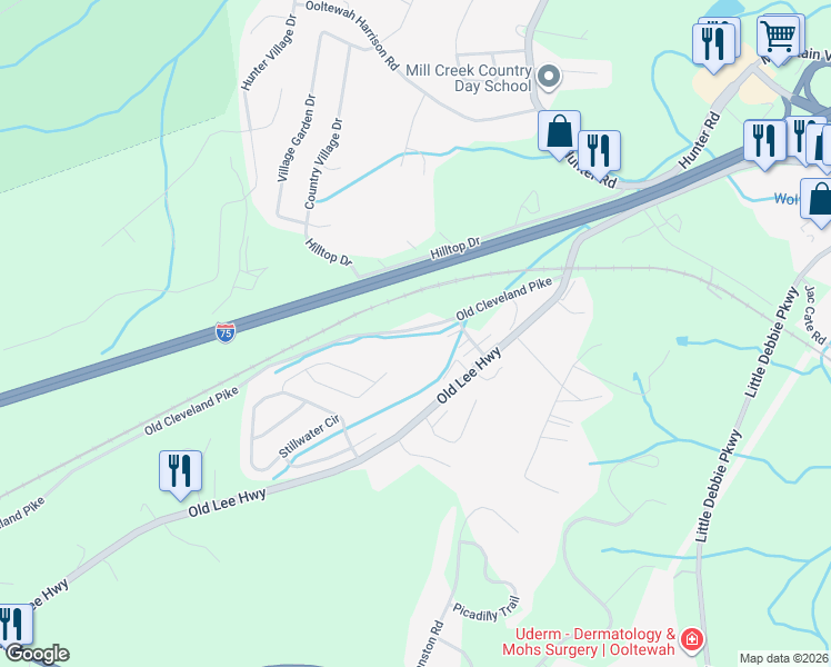 map of restaurants, bars, coffee shops, grocery stores, and more near 8434 Old Cleveland Pike in Ooltewah