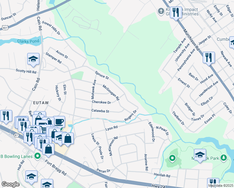 map of restaurants, bars, coffee shops, grocery stores, and more near 1804 McGougan Road in Fayetteville