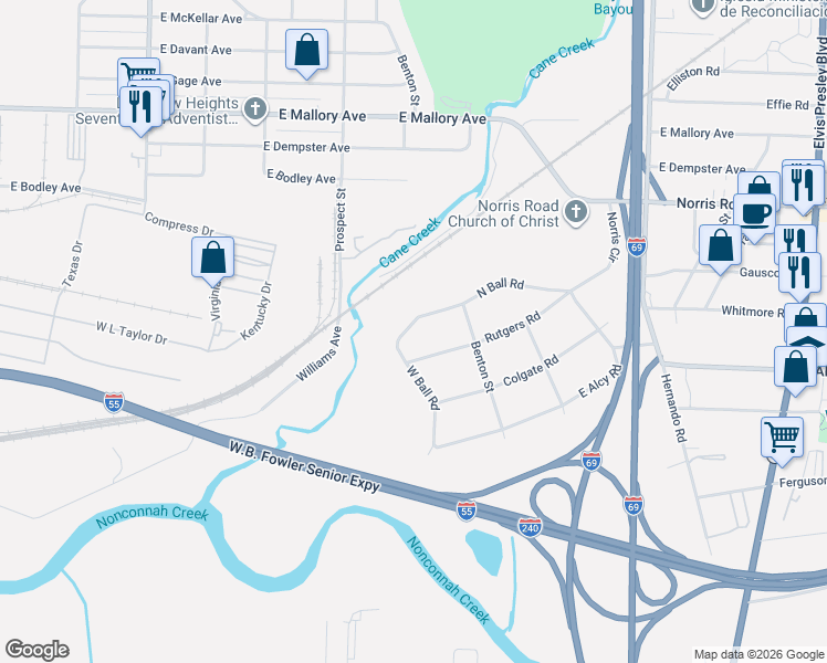 map of restaurants, bars, coffee shops, grocery stores, and more near 853 North Ball Road in Memphis