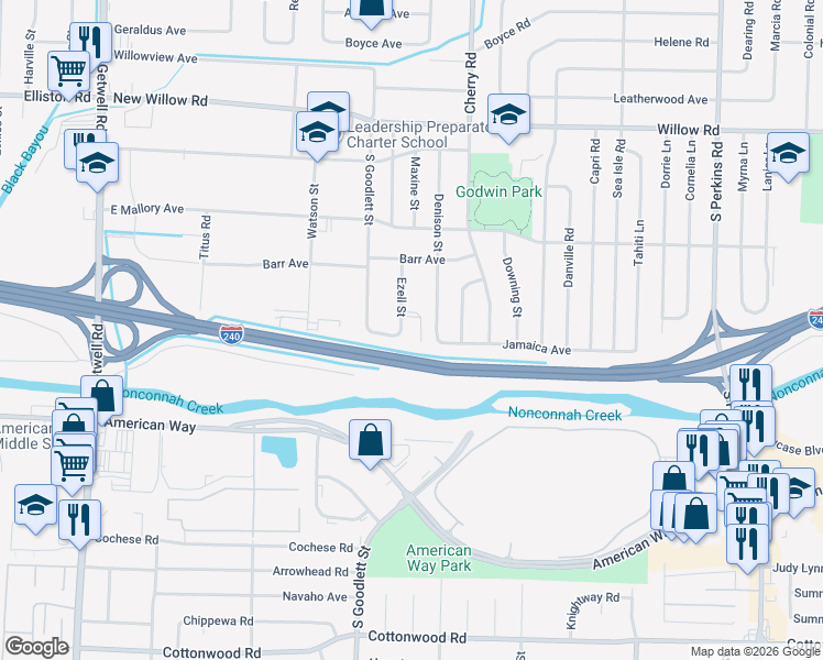 map of restaurants, bars, coffee shops, grocery stores, and more near 1918 Ezell Street in Memphis