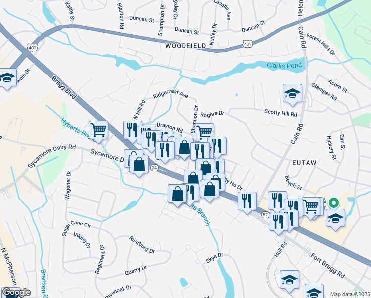 map of restaurants, bars, coffee shops, grocery stores, and more near 1925 King George Drive in Fayetteville