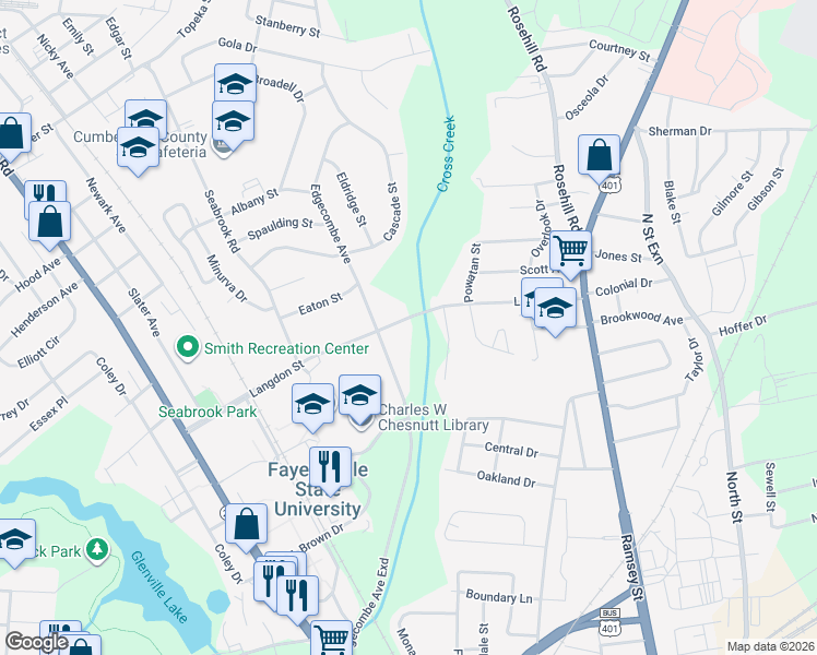map of restaurants, bars, coffee shops, grocery stores, and more near 413 Langdon Street in Fayetteville