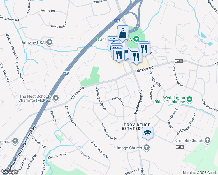 map of restaurants, bars, coffee shops, grocery stores, and more near 2723 Thornbush Court in Charlotte
