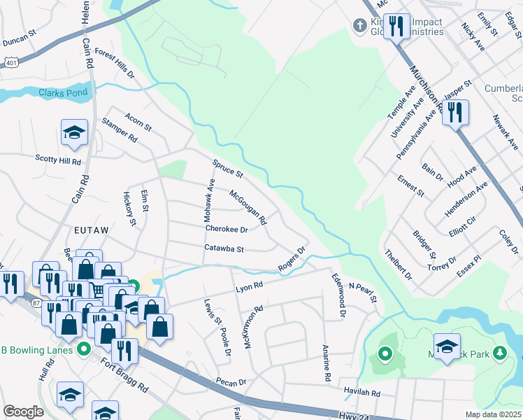 map of restaurants, bars, coffee shops, grocery stores, and more near 1805 McGougan Road in Fayetteville