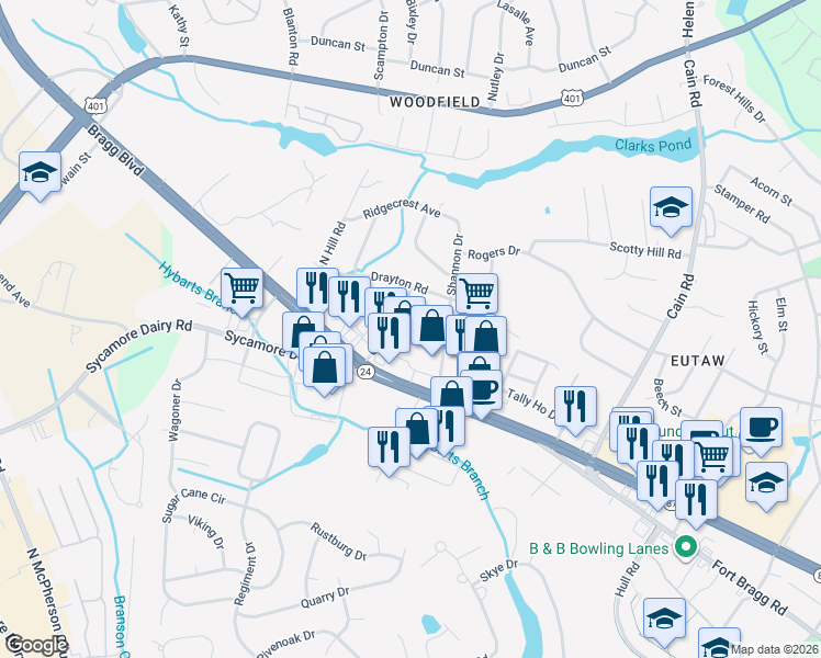map of restaurants, bars, coffee shops, grocery stores, and more near 1 Bragg Boulevard in Fayetteville