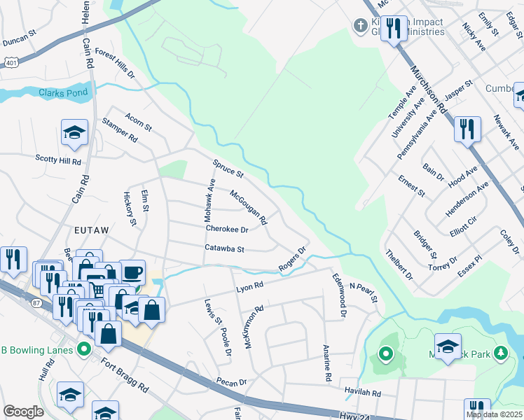 map of restaurants, bars, coffee shops, grocery stores, and more near 1804 McGougan Road in Fayetteville