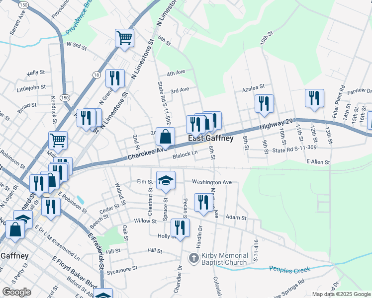 map of restaurants, bars, coffee shops, grocery stores, and more near 209 5th Street in Gaffney