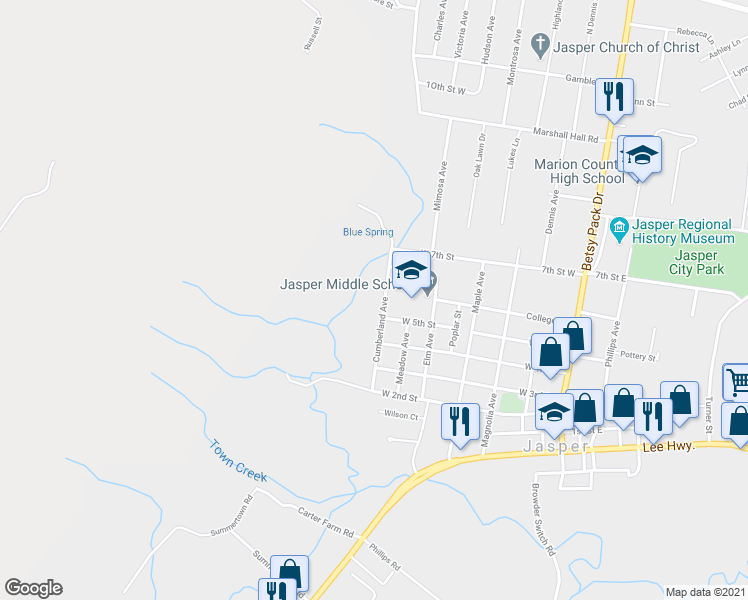 map of restaurants, bars, coffee shops, grocery stores, and more near 603 Cumberland Avenue in Jasper