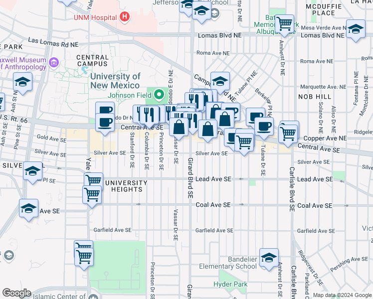 map of restaurants, bars, coffee shops, grocery stores, and more near 121 Girard Boulevard Southeast in Albuquerque