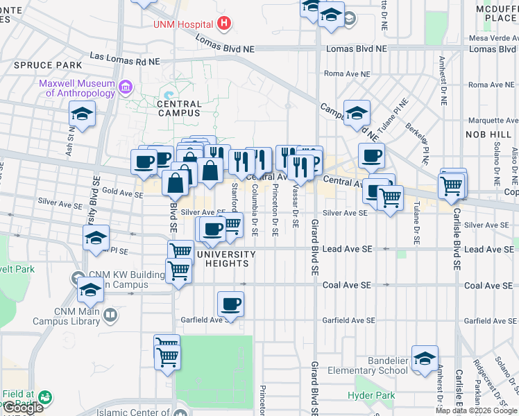 map of restaurants, bars, coffee shops, grocery stores, and more near 2601 Silver Avenue Southeast in Albuquerque