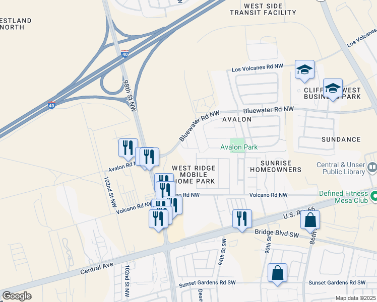 map of restaurants, bars, coffee shops, grocery stores, and more near 9612 Adonai Road Northwest in Albuquerque