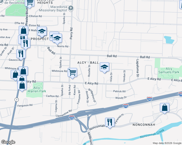 map of restaurants, bars, coffee shops, grocery stores, and more near 2427 Rozelle Street in Memphis