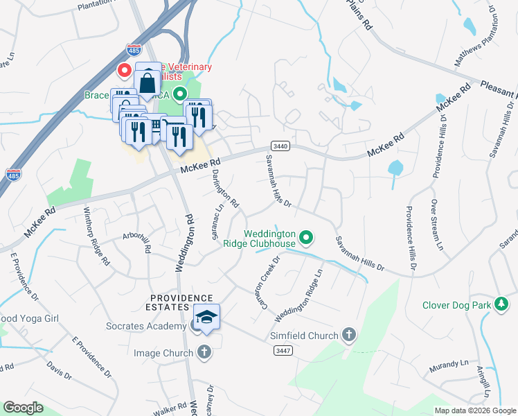 map of restaurants, bars, coffee shops, grocery stores, and more near 7325 Habitat Manor Drive in Matthews