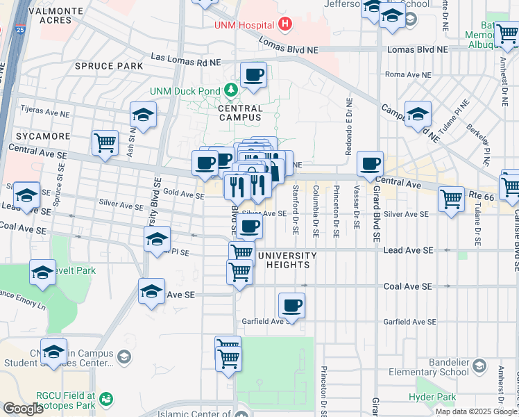 map of restaurants, bars, coffee shops, grocery stores, and more near 142 Harvard Drive Southeast in Albuquerque