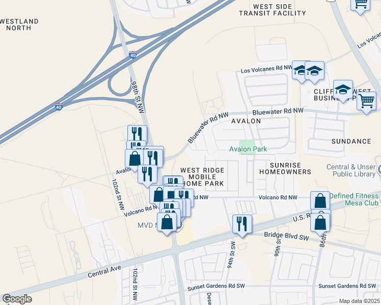 map of restaurants, bars, coffee shops, grocery stores, and more near 9612 Adonai Road Northwest in Albuquerque