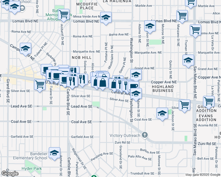 map of restaurants, bars, coffee shops, grocery stores, and more near 4020 Central Avenue Northeast in Albuquerque