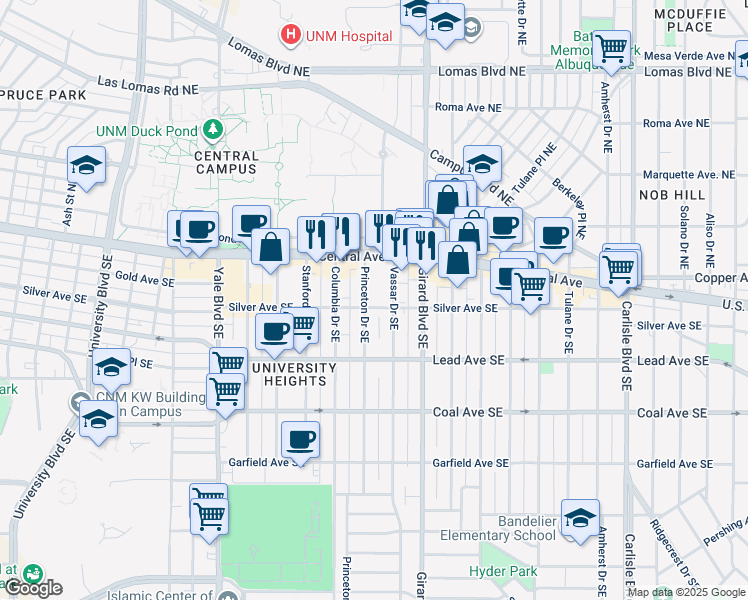 map of restaurants, bars, coffee shops, grocery stores, and more near 200 Princeton Drive Southeast in Albuquerque