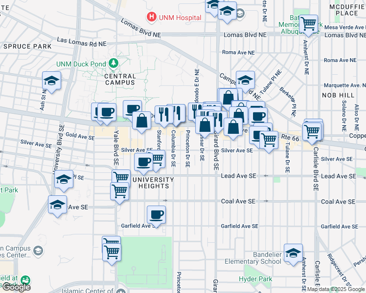 map of restaurants, bars, coffee shops, grocery stores, and more near 200 Princeton Drive Southeast in Albuquerque