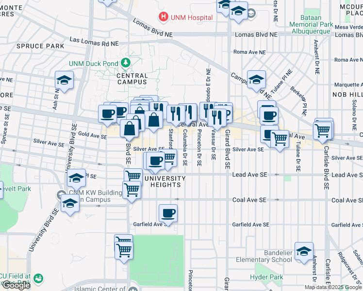 map of restaurants, bars, coffee shops, grocery stores, and more near 2602 Silver Avenue Southeast in Albuquerque