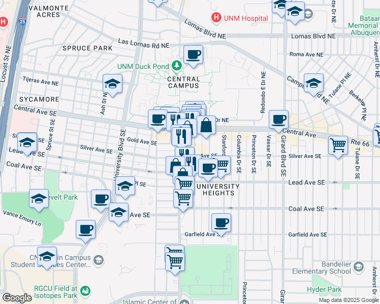 map of restaurants, bars, coffee shops, grocery stores, and more near 2210 Silver Avenue Southeast in Albuquerque