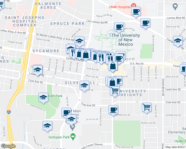 map of restaurants, bars, coffee shops, grocery stores, and more near 1824 Silver Avenue Southeast in Albuquerque