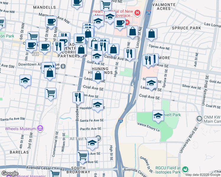 map of restaurants, bars, coffee shops, grocery stores, and more near 501 High Street Southeast in Albuquerque