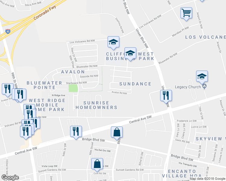 map of restaurants, bars, coffee shops, grocery stores, and more near 8828 Tradewind Road Northwest in Albuquerque